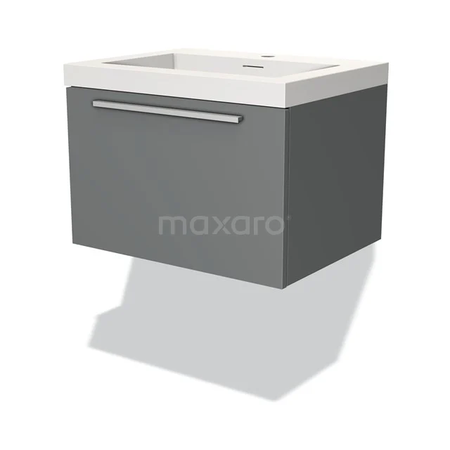 Grey hanging bathroom cabinet with white basin, sleek design and metal Handle, ideal for modern bathrooms.