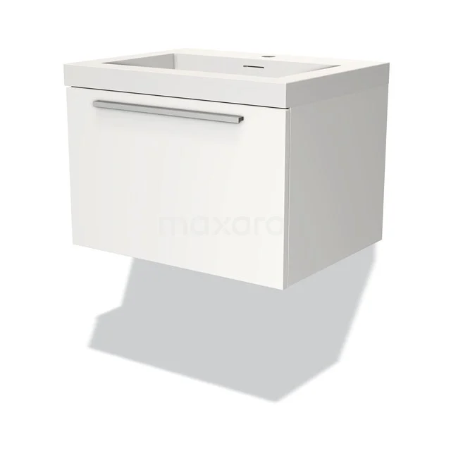 White rectangular bathroom cabinet with drawers and integrated basin; modern design made of durable materials.