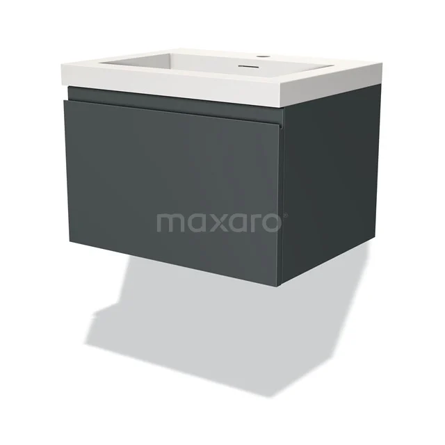 Dark grey floating vanity unit with white ceramic sink, sleek design, ideal for modern bathrooms.