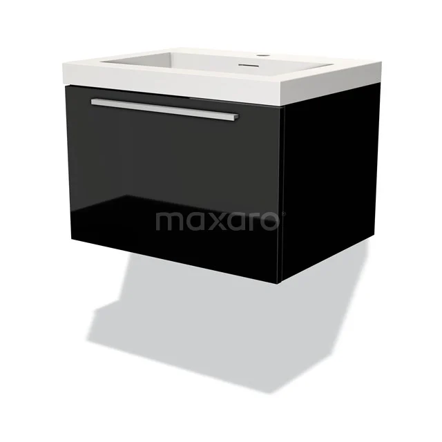 Black floating vanity unit with high-gloss finish, white ceramic sink and silver handle.