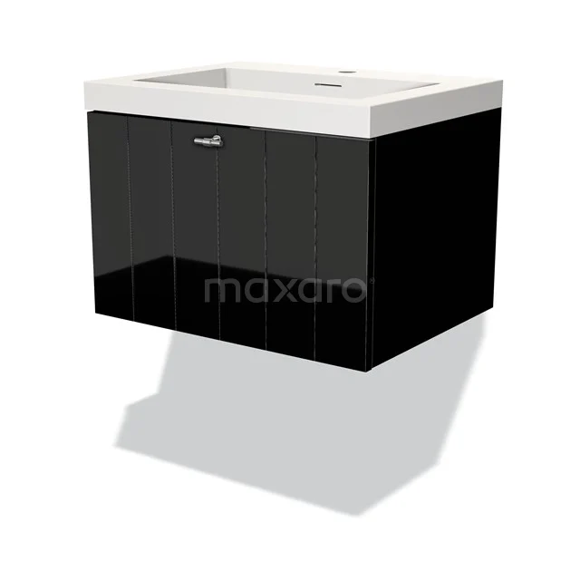 Schwarzer hängender Badschrank mit Hochglanzoberfläche, weißem keramischen Waschbeckenblatt und chromfarbenem Haltegriff, modernes Design.