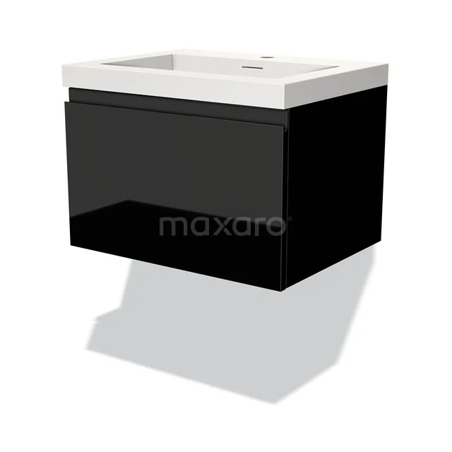 Black floating bathroom unit with white vanity units with basin, modern design, glossy finish and soft-close drawer, ideal for small bathrooms.