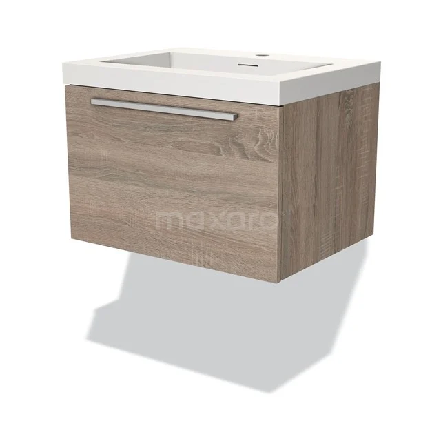 Hanging vanity units with basin, wood-look cabinet in light oak colour, sleek design and metal Handle.