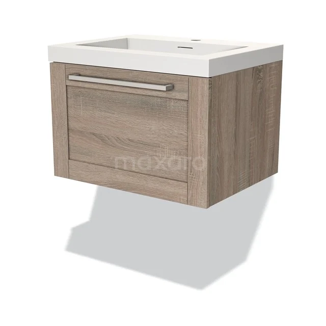 Modulo Vanity units with basin | 60 cm Oak Frame front Solid surface 1 drawer BMW11-03028 Compact wooden bathroom unit with Oak look and white ceramic basin, wall-mounted, perfect for modern bathrooms.