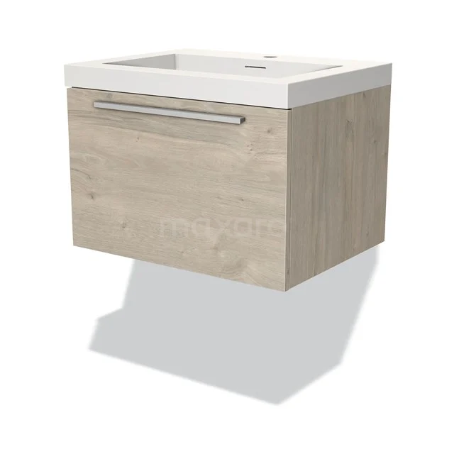 Vanity unit wood-look, hanging design, metal handle, ceramic basin, ideal for modern bathroom style.