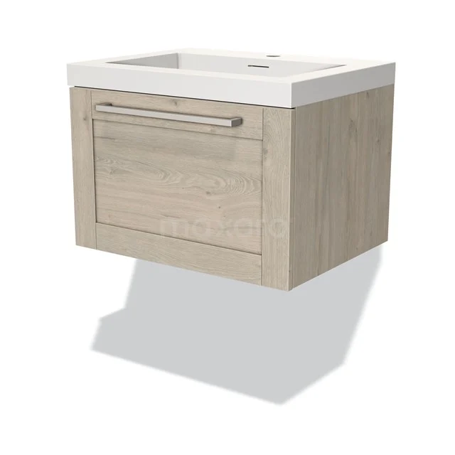 Hanging bathroom unit, oak colour with soft-close drawers, white ceramic basin; ideal for a modern bathroom style.