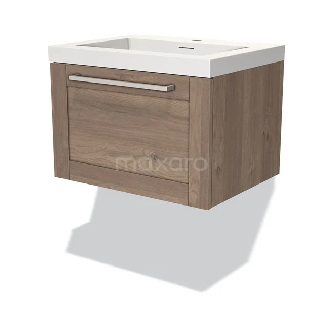 Modulo Vanity units with basin | 60 cm Mid brown oak Frame front Solid surface 1 drawer BMW11-03034 Wooden floating bathroom unit with white vanity units with basin, modern finish, drawer with metal handle, ideal for small bathrooms.