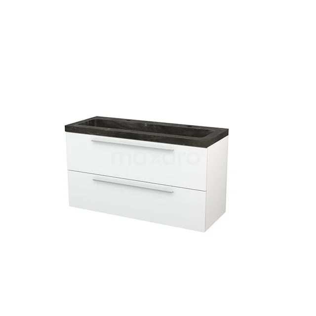 Modern white bathroom furniture set with black basin, sleek design and two spacious drawers for optimal storage space.