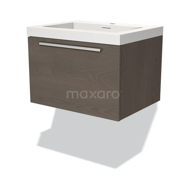 Badmöbel 60cm Modulo dunkelbraune Eiche 1 Schublade Flaches Waschbecken Solid Surface BMW11-03035 Holz-Badmöbel mit Schublade und weißem Waschbecken, Wandmontage, modernes Design, ideal für kompakte Bäder.