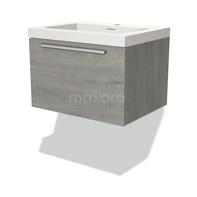 Wooden hanging vanity units with basin, grey oak look, including white basin and metal handle.