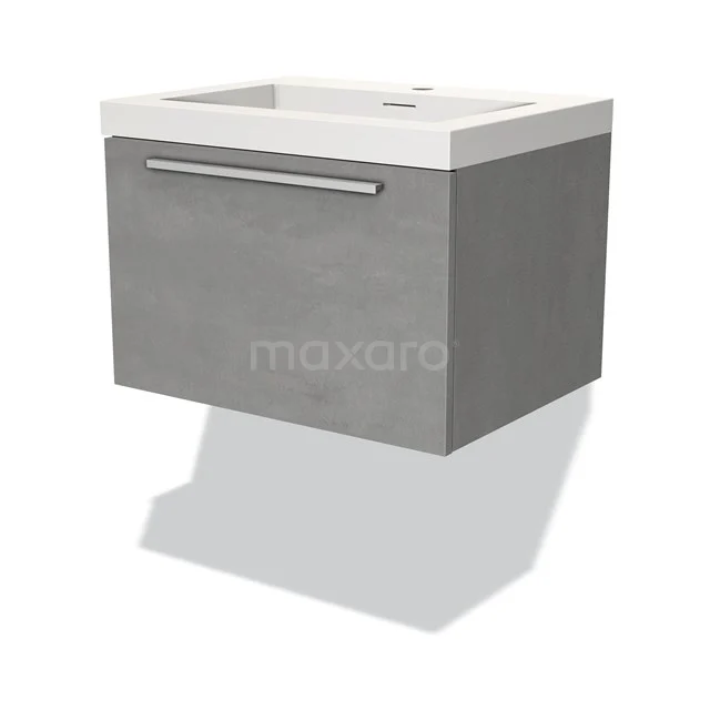 Grau hängendes Badmöbel mit Betonlook, weißem Waschbecken und modernem Design, perfekt für ein minimalistisches Badezimmer.