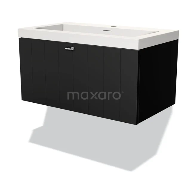 Black wooden bathroom unit with white basin, sleek modern look, ideal for a stylish bathroom.