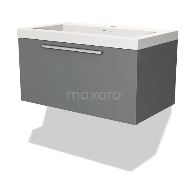 Badmöbel 80cm Modulo Mittelgrau 1 Schublade Flaches Waschbecken Solid Surface BMW11-03044 Grauer schwebender Badschrank mit weißem Waschbecken, modernes Design und metallischem Haltegriff, ideal für stilvolle Badezimmerlagerung.