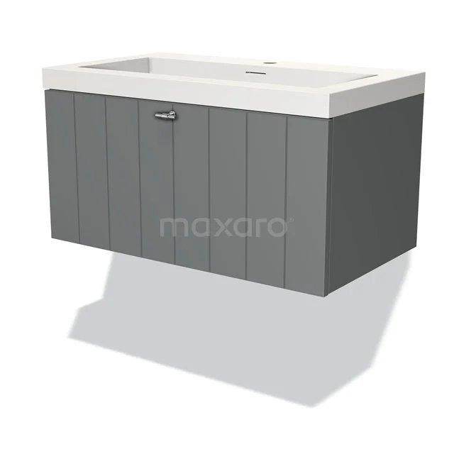 Graue hängende Badmöbelset mit weißem Waschbecken, Holzoptik-Finish und modernem Designstil für stilvolle Badezimmergestaltung.