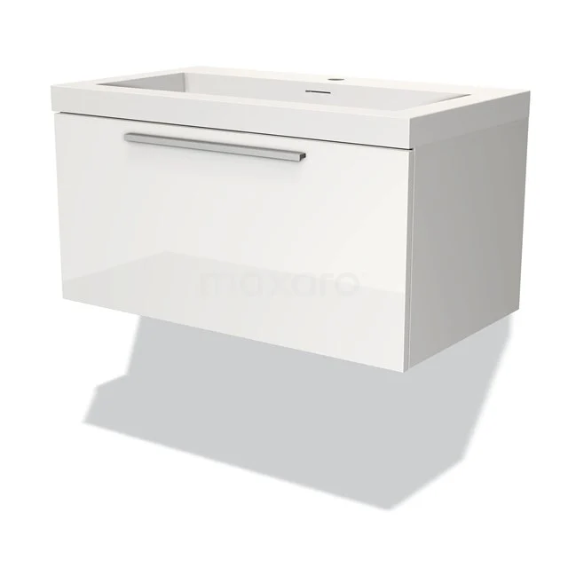 White wall-mounted vanity units with basin and integrated drawers, modern design in high-gloss material.