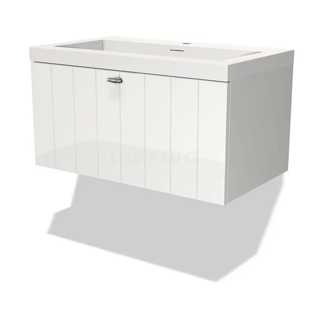 White hanging bathroom cabinet with basin, vertical slats, soft-close drawer and chrome handle, ideal for modern bathrooms.