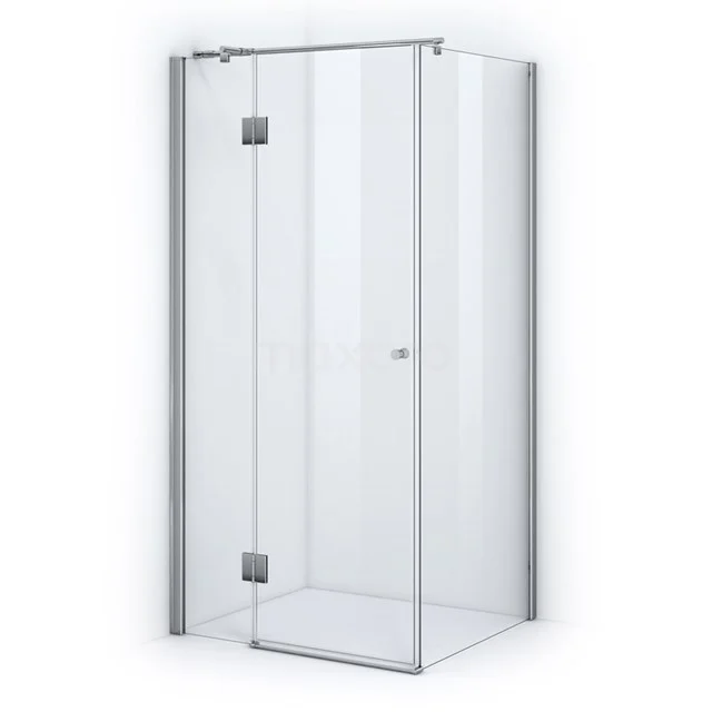 Shower enclosure with corner entry, silver profiles and hinged doors; stylish addition to any modern bathroom.