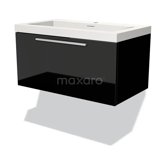 Black glossy bathroom unit with integrated white vanity units with basin, modern design and durable materials.