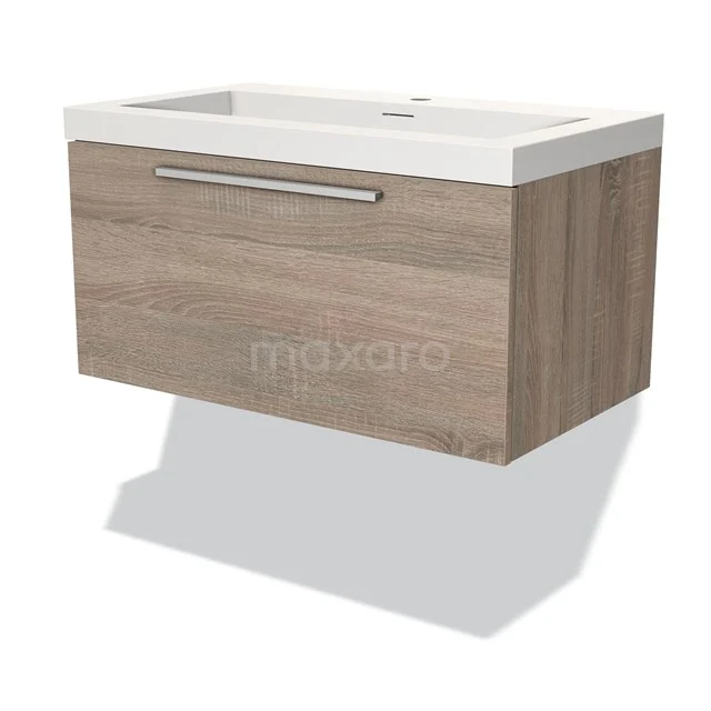 Badmöbel 80cm Modulo Eiche 1 Schublade Flaches Waschbecken Solid Surface BMW11-03059 Holz-Badmöbel mit Schublade und weißem keramischen Waschbecken, modernes schwebendes Design, ideal für ein stilvolles Badezimmer.