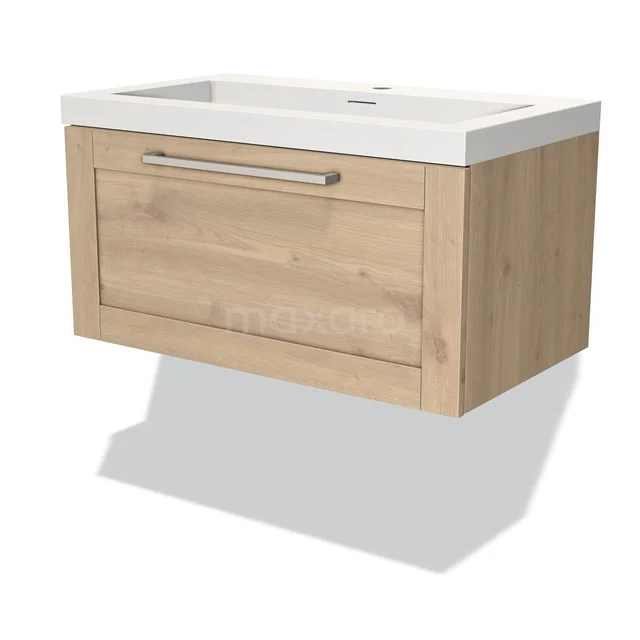 Modulo Waschtische | 80 cm Hellbraune Eiche Rahmen front Solid Surface 1 Schublade BMW11-03064 Holz Badezimmermöbel mit Schublade, Waschbecken und modernem Design in Eichenoptik, ideal für ein stilvolles und funktionales Badezimmer.