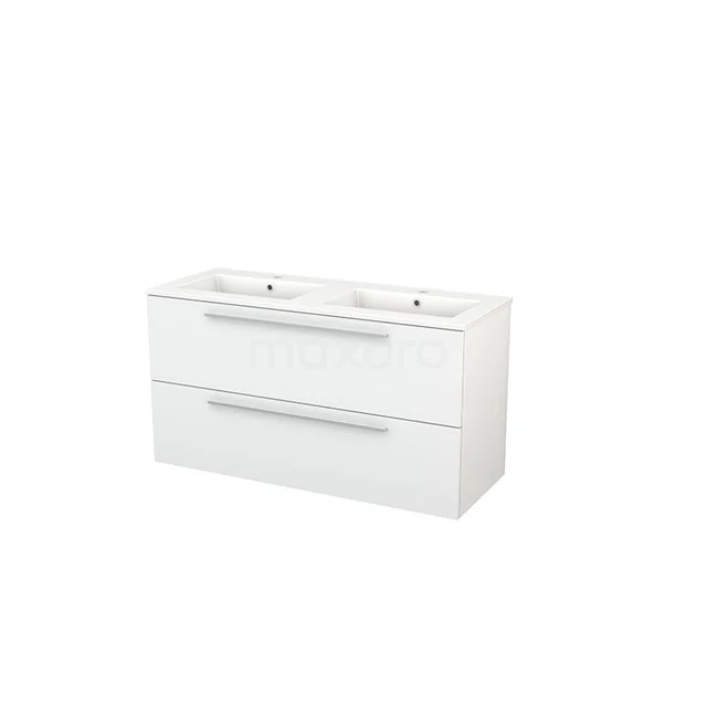 Modulo+ Vanity units with basin | 120 cm High-gloss white Flat front Ceramic 2 Stacked drawers BMP003321 White double bathroom unit with two drawers, slim handles and ceramic vanity units with basin; ideal for modern bathrooms.