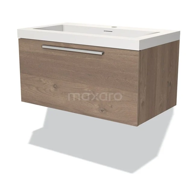 Wall-mounted bathroom unit in oak look with white vanity units with basin, modern design and metal handle.