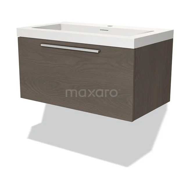 Badmöbel 80cm Modulo dunkelbraune Eiche 1 Schublade Flaches Waschbecken Solid Surface BMW11-03067 Holz-Waschtisch mit minimalistischem Design, dunkelbraun, hängendes Modell mit einer Schublade, ideal für ein modernes Badezimmer.