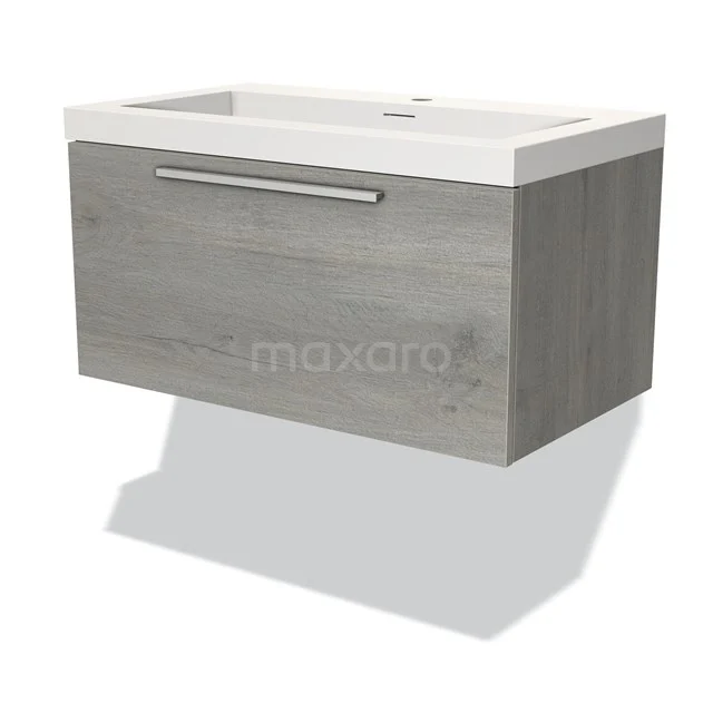 Graue schwebende Waschbeckenunterschrank mit Holzoptik und metallischer Haltegriff, ideal für moderne Badezimmerlagerung.