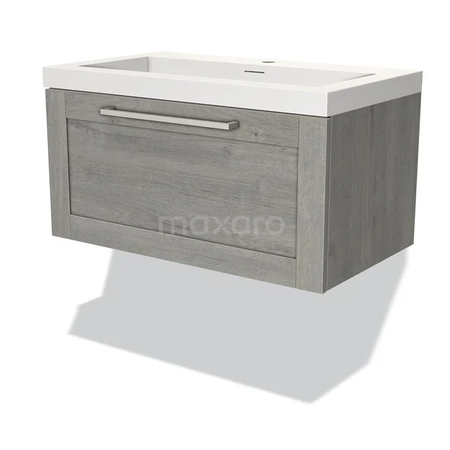 Grau Holz Badmöbel mit weißem Waschbecken, modernes Design und integrierter Schublade. Perfekt für stilvolle Bäder.