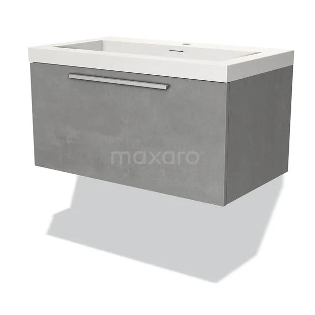 Grauer hängender Waschbeckenunterschrank mit Schublade, Betonlook-Oberfläche und integrierter Haltegriff, perfekt für moderne Bäder.