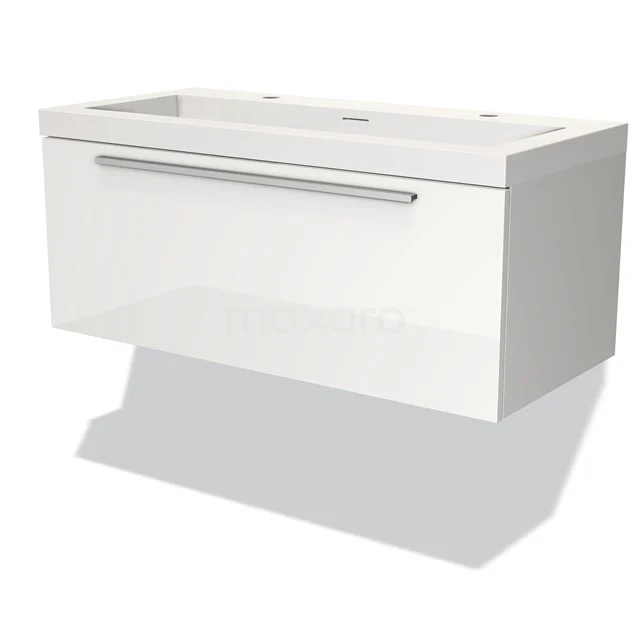 Modulo Waschtische | 100 cm Hochglanz Weiß Flach front Solid Surface 1 Schublade BMW11-03079 Weißes hängendes Badezimmermöbel mit Schublade und silbernem Haltegriff, elegantes Design, ideal für moderne Bäder.