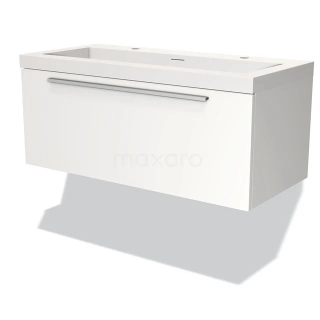 Modulo Waschtische | 100 cm Matt Weiß Flach front Solid Surface 1 Schublade BMW11-03082 Weißes Waschtischmöbel mit eingebautem Keramikwaschbecken, modernes Design und einer Breite von 90 cm, perfekt für moderne Bäder.