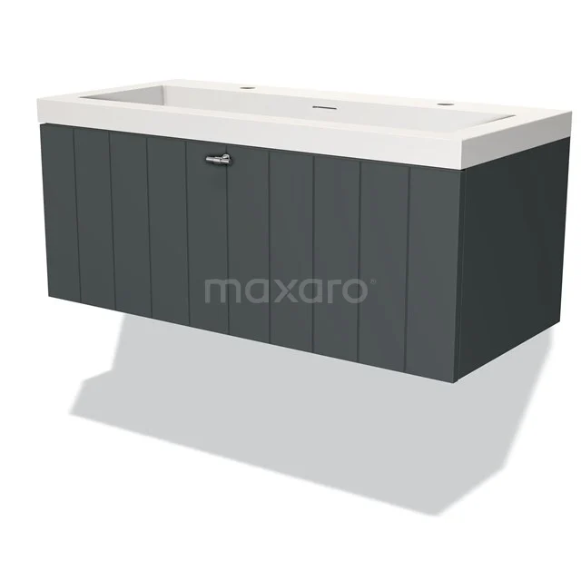 Grey wall unit set with vertical panels and white basin, ideal for modern bathrooms.
