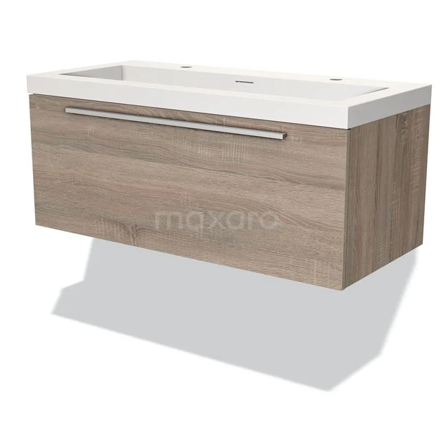 Holz Badezimmermöbel mit einem weißen Waschbecken, minimalistisches Design und breiter Schublade, perfekt für moderne Badezimmergestaltung.