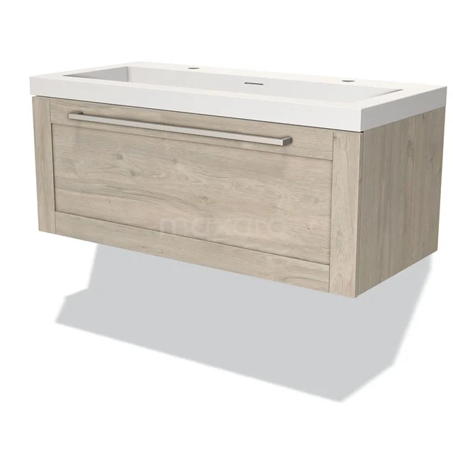 Wooden bathroom unit with light oak finish, white basin worktop and wide drawers. Modern wall design for stylish bathrooms.