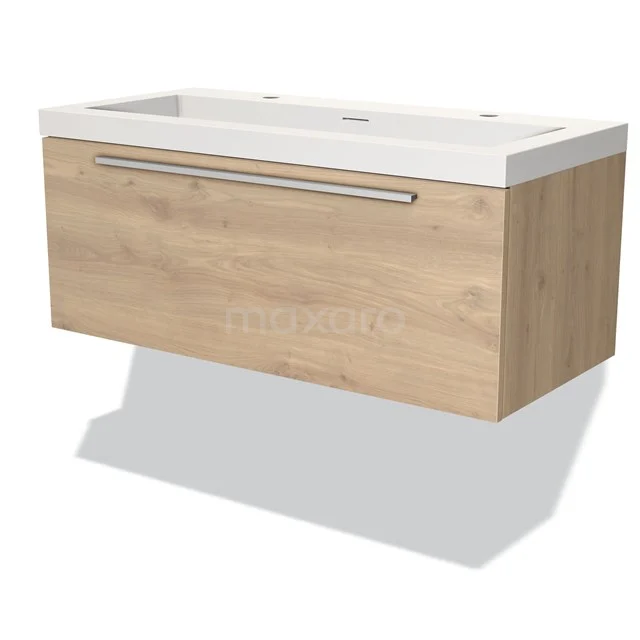 Wooden vanity unit with a modern rectangular shape, white ceramic sink and built-in drawers, ideal for the bathroom.