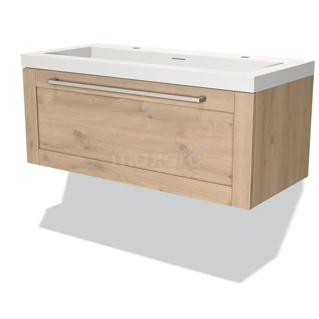 Wooden bathroom unit with integrated vanity units with basin, light oak finish, sleek design and metal handle.