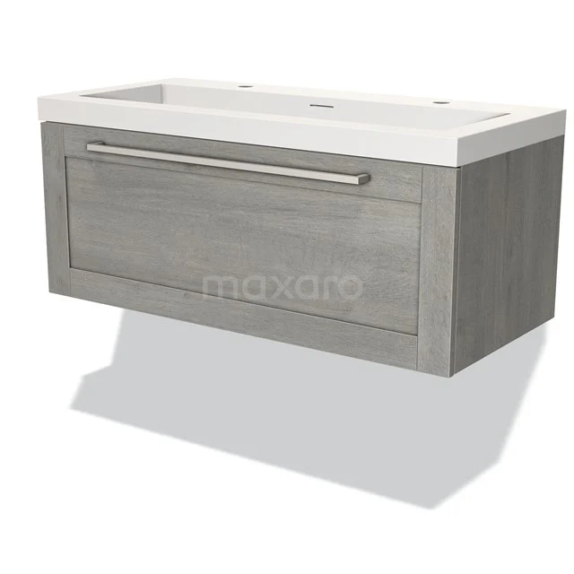 Wooden bathroom unit with grey finish, white basin and integrated drawers, ideal for a modern bathroom style.