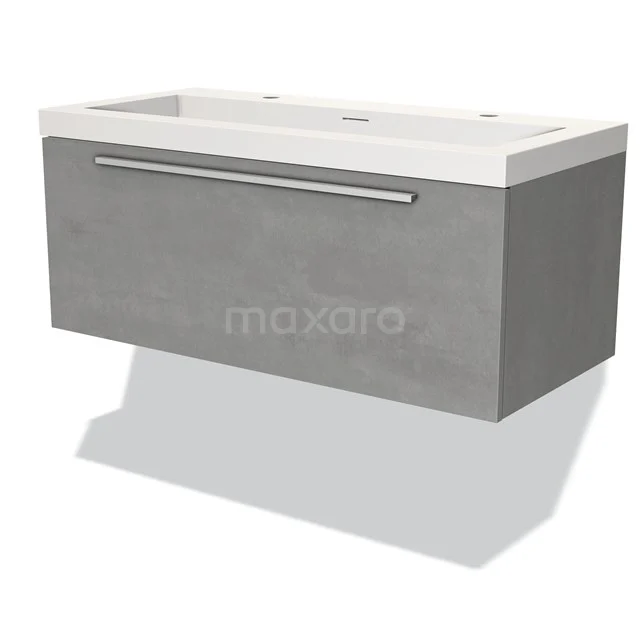 Badmöbel 100cm Modulo hellgrauer Beton 1 Schublade Flaches Waschbecken Solid Surface BMW11-03103 Betonlook Waschtisch mit Schublade und integrierter Waschbecken, Grau, modernes Design, ideal für ein stilvolles Badezimmer.