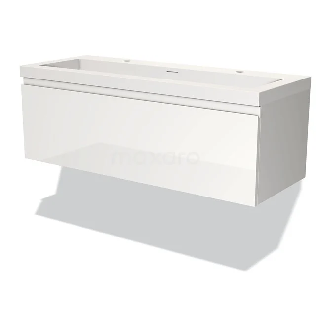 Modulo Vanity units with basin | 120 cm High-gloss white Handle-less front Solid surface 1 drawer BMW11-03113 White floating bathroom unit with sleek design, fitted with drawers and suitable for basin mounting.