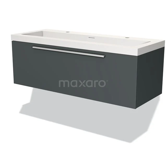 Anthracite-grey bathroom furniture set with wide ceramic basin worktop, modern look and sleek metal handle.