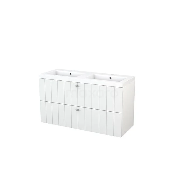White double vanity unit with panel structure, 2 drawers, modern design; perfect for stylish bathroom storage solutions.