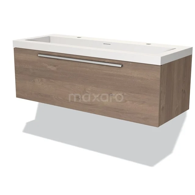Modulo Waschtische | 120 cm Mittelbraune Eiche Flach front Solid Surface 1 Schublade BMW11-03129 Holz Badezimmermöbel mit Schublade, wandhängendes Design in natürlicher Eiche Optik und weißem Waschbecken aus Keramik.