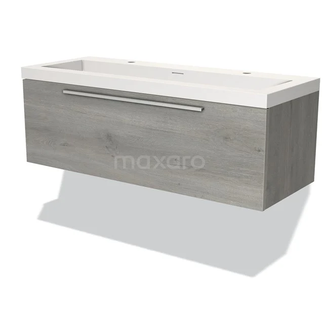 Wooden bathroom unit with grey veneer finish, wide drawers and a white sink from the Modern Series.
