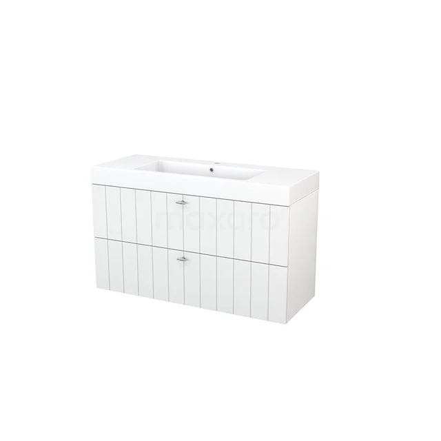 White bathroom unit with double drawers and vertical grooves, modern design, ideal for stylish bathroom storage.