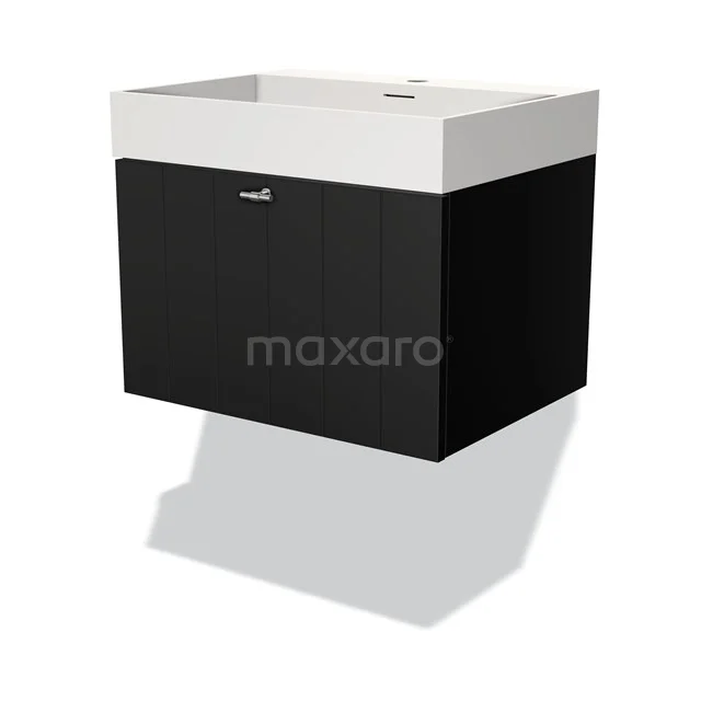 Modulo Vanity units with basin | 60 cm Matte black Slat front Solid surface 1 drawer BMW11-03170 Black wooden bathroom unit with white vanity units with basin, sleek design, ideal for modern bathrooms.