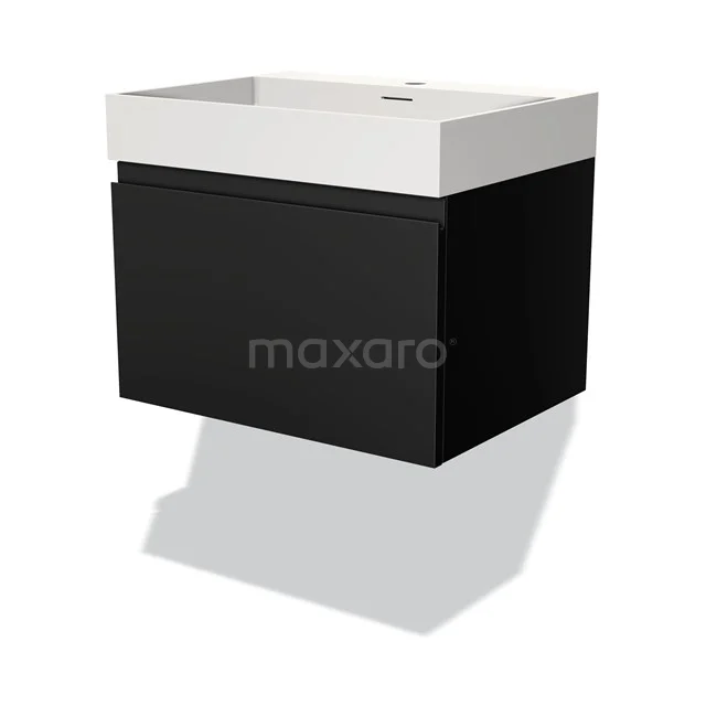 Badmöbel 60cm Modulo Matt Schwarz 1 Schublade griffloses Waschbecken Solid Surface BMW11-03171 Schwarzes schwebendes Waschtisch mit weißem keramischen Waschbecken, zeitgemäßes Design für moderne Bäder.