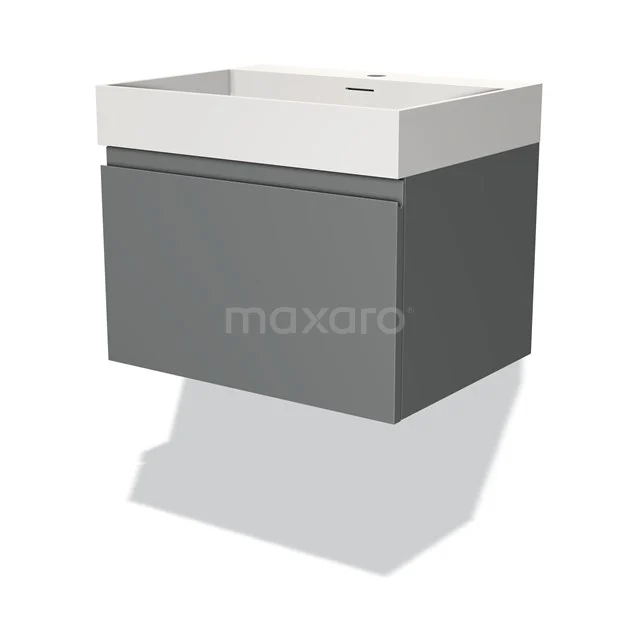 Dark grey floating bathroom furniture set with white plastic basin, sleek and modern design.