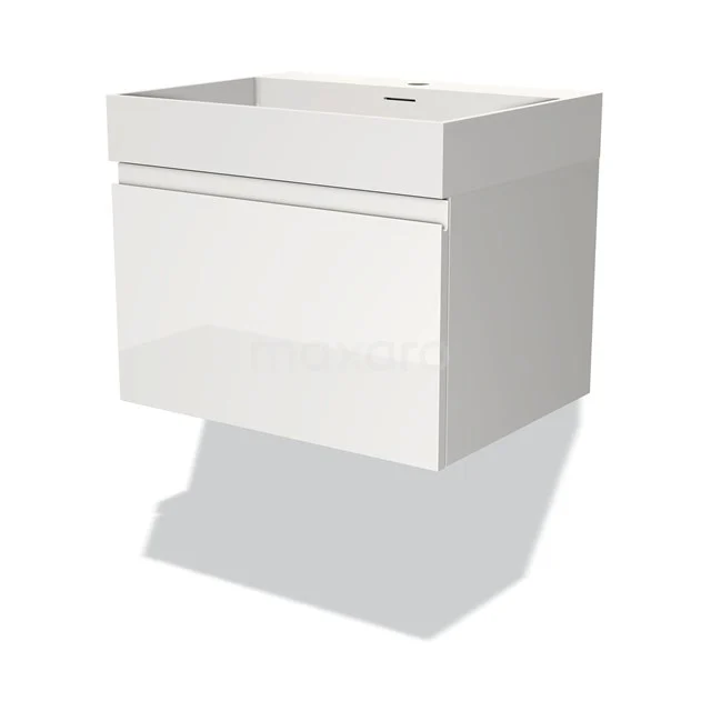 White floating bathroom unit with drawers, high-gloss finish and modern design, ideal for a sleek bathroom style.