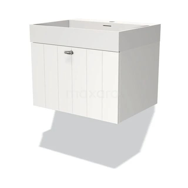 Modulo Bathroom furniture with sink | 60 cm Matte white Slat front Solid surface 1 drawer BMW11-03179 White hanging bathroom unit with one drawer and modern panel design. Perfect for compact bathrooms.